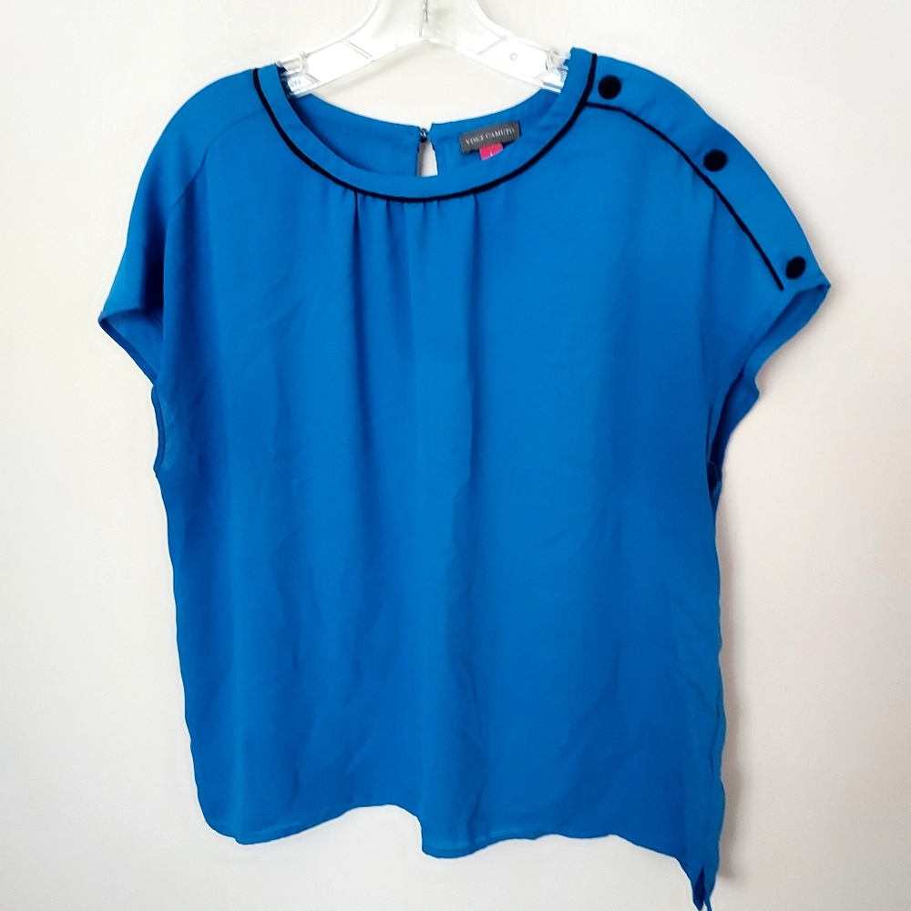 Vince Camuto Blue Button Shoulder Top Large Capsule Layering Career Business